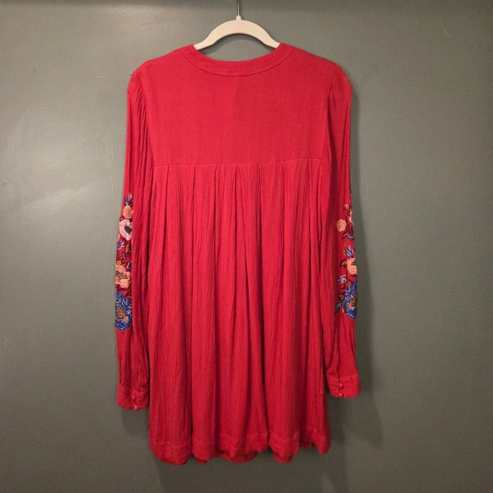 Free People Mia Embroidered Gauze Mini Dress Long Sleeve Boho, Size S, Red
